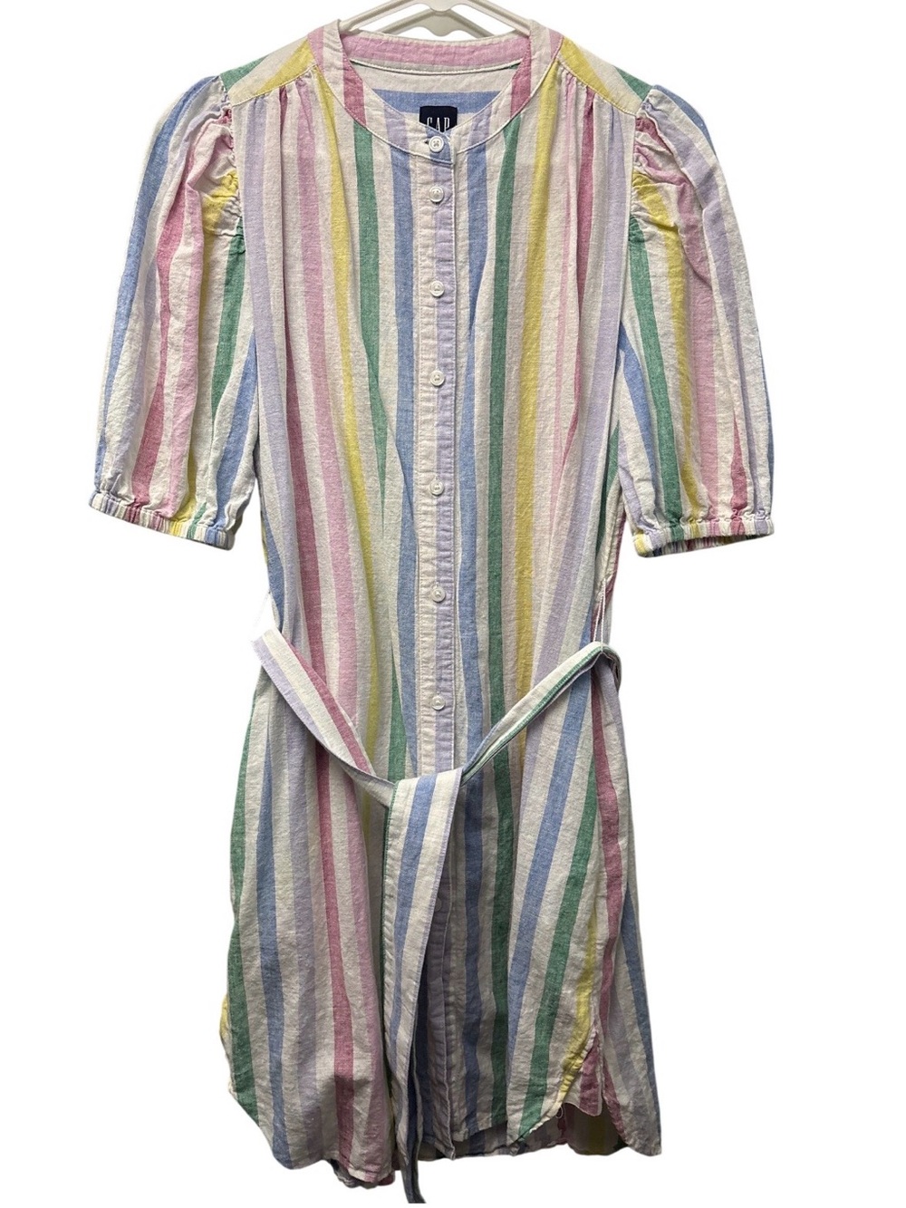Gap Linen Blend Multi Color Pastel Rainbow Stripe Button-Front Dress Small S